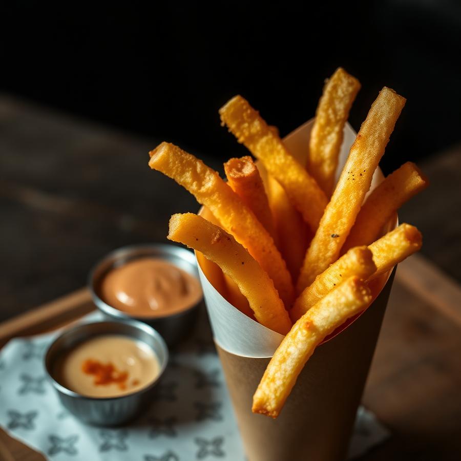 Golden fries with sauces